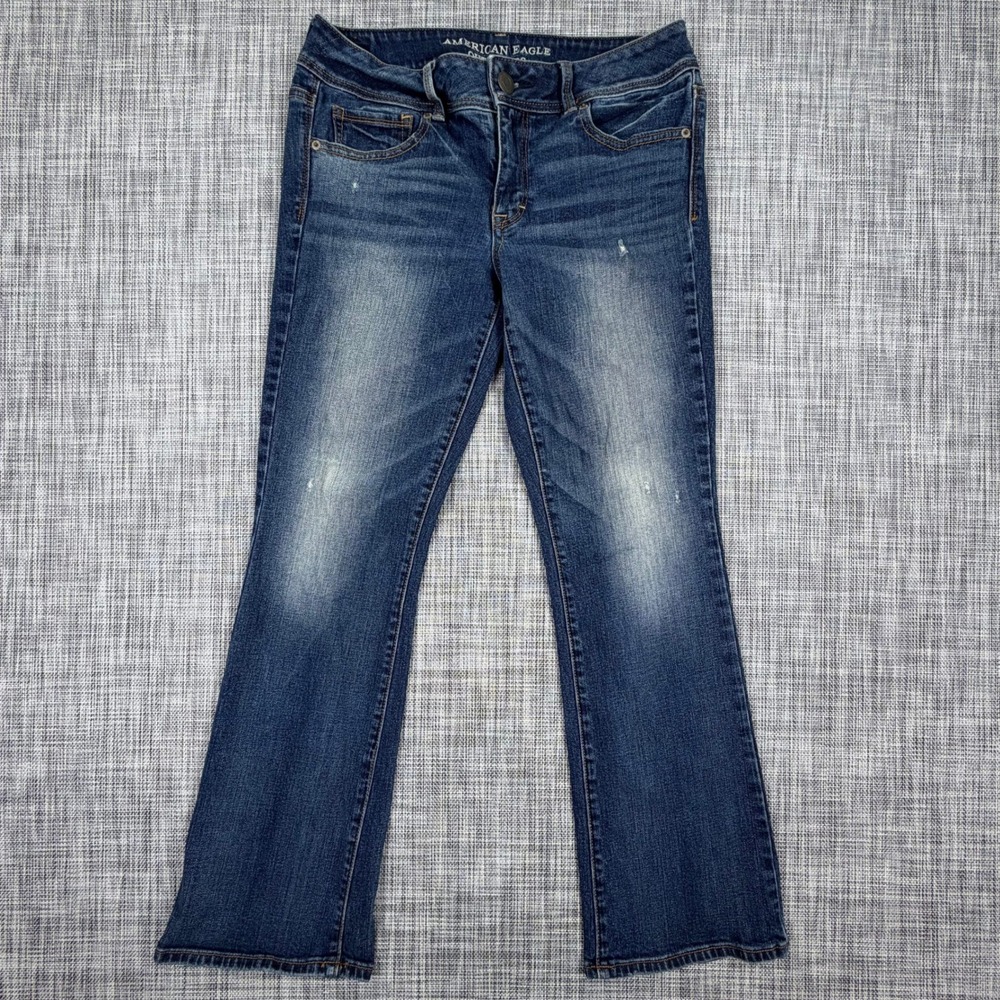 American Eagle Womens Kick Boot Bootcut Stretch Jeans Blue Denim 10 Short Cotton